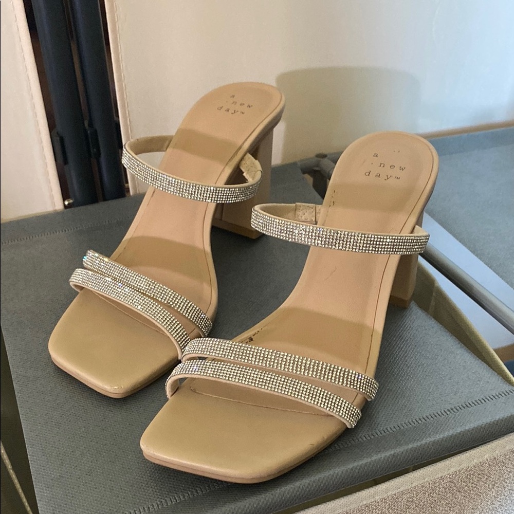 A New Day Tan and Silver Heels with Sparkling Accents